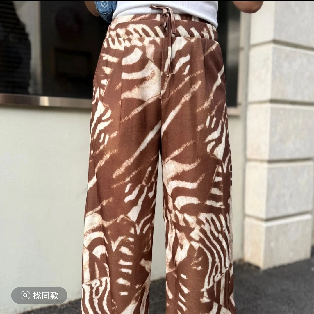 MUBINE 夏季新款斑马咖色印花慵懒风高腰休闲直筒裤 2597
