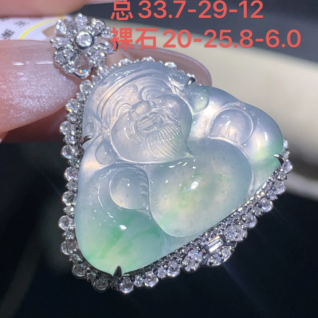 9.9缅甸天然A货翡翠18K金镶嵌冰种飘绿财神爷吊坠