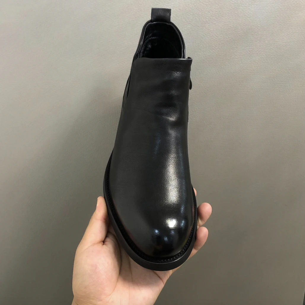 素面中帮厚款透气皮靴切尔西靴短靴潮流加绒圆头