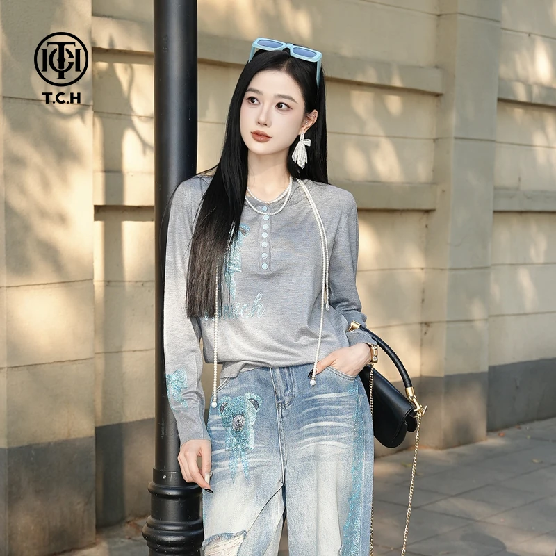 TCH私服夏季小熊烫钻温婉风休闲圆领针织衫T75A09E5098轻奢tch