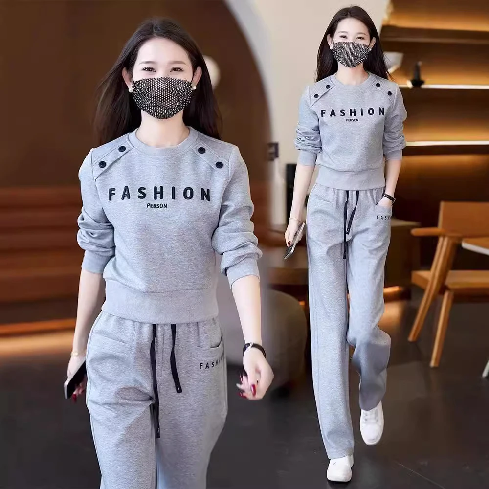 纯棉阔腿裤欧货衣服女套装春秋季新款宽松休闲显瘦卫衣裤子两件套
