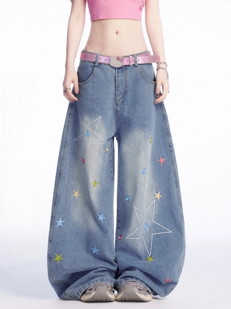 A1Mp美式复古星星刺绣牛仔裤男女款夏季高腰宽松显瘦弯刀阔腿长裤