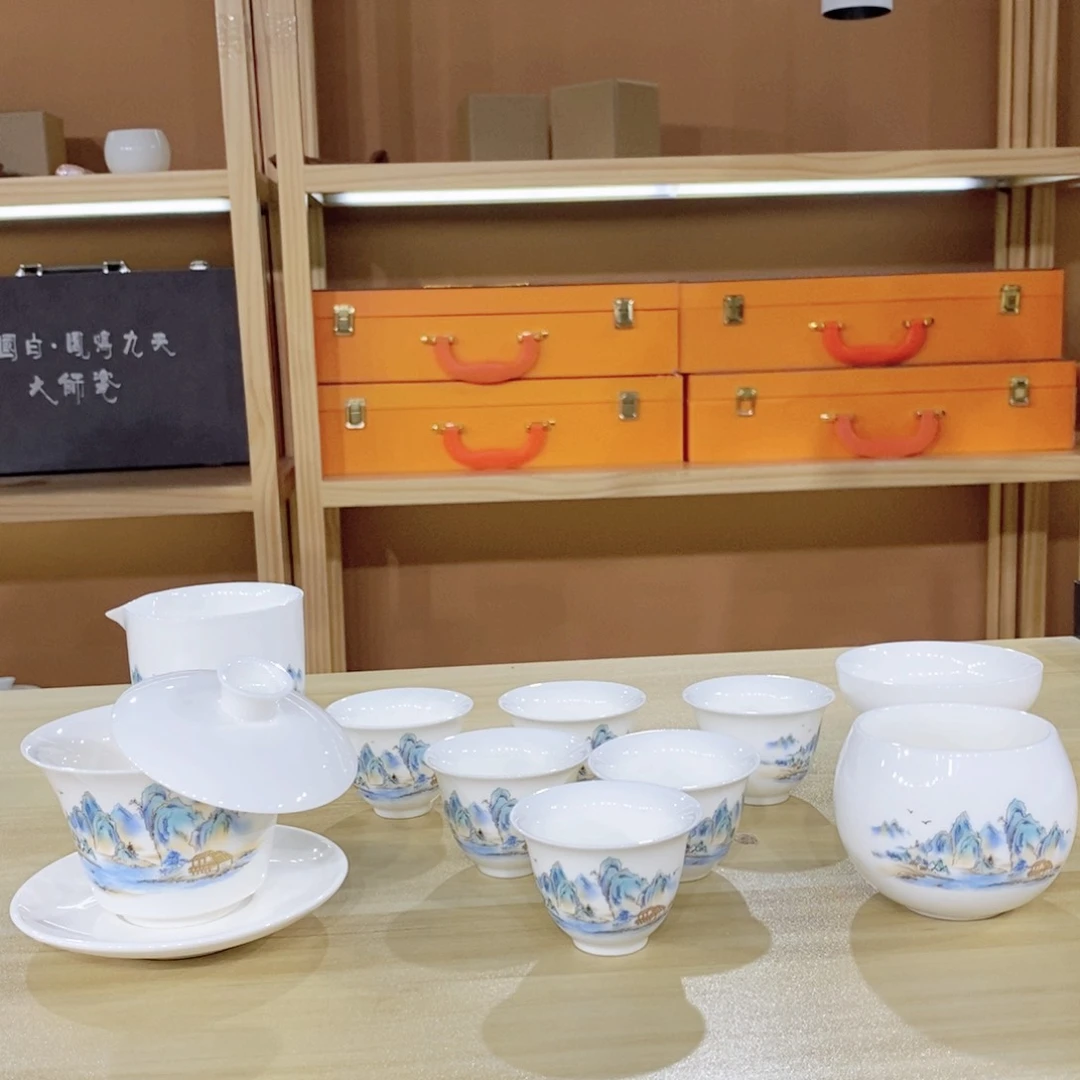 瓷片山水雅居羊脂玉套装