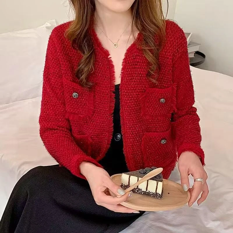 繁星点点 秋冬气质款无扣针织开衫外套女春秋红色搭配毛衣上衣