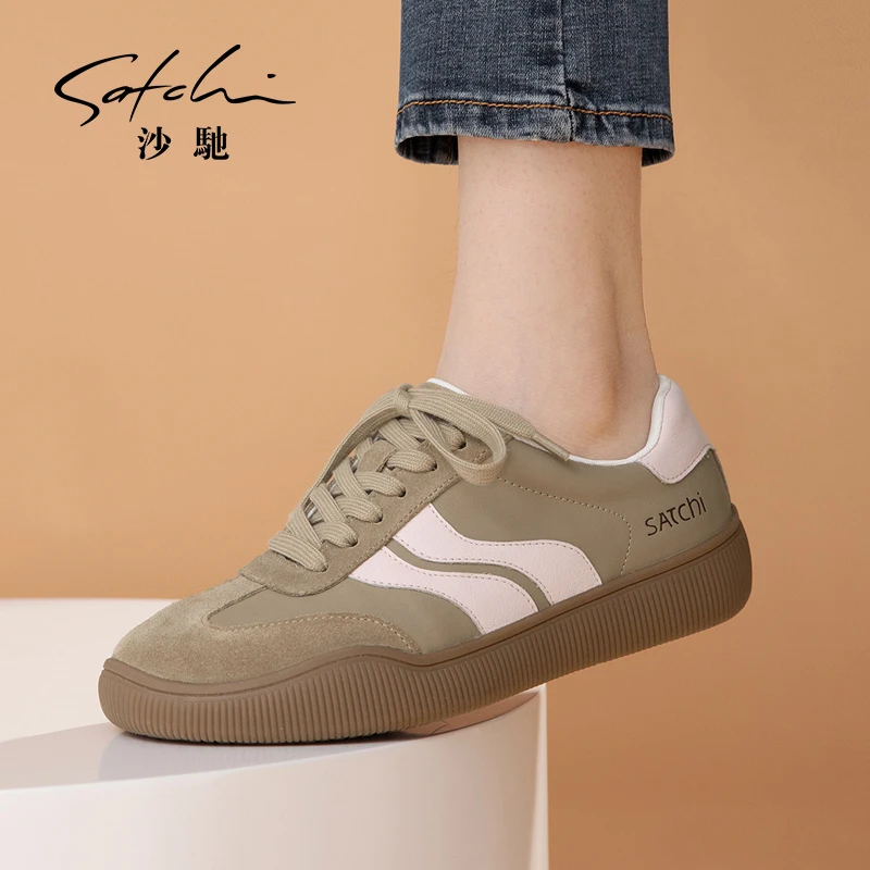 沙驰【牛皮】德训鞋复古圆头系带平底鞋软底休闲女鞋百搭板鞋