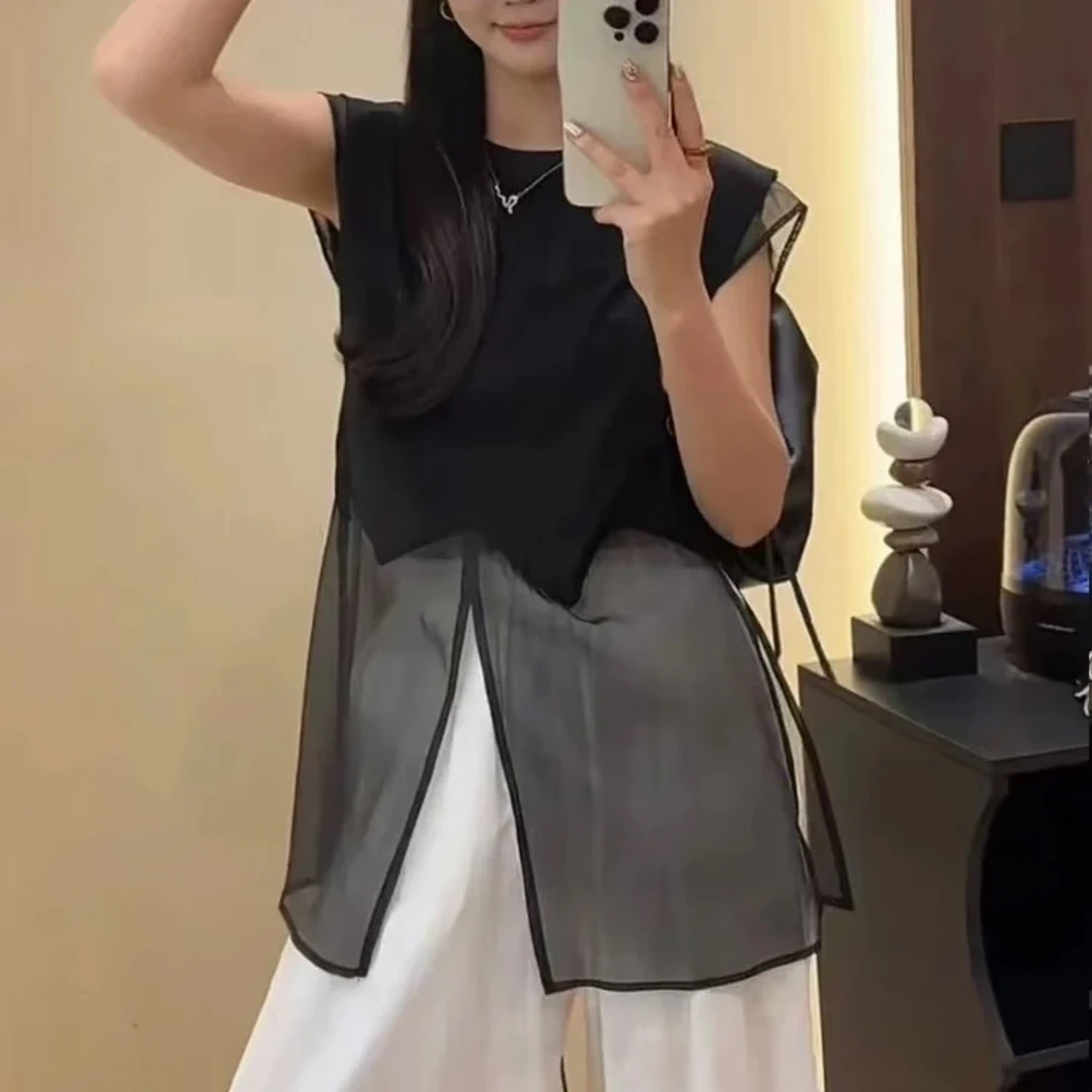 夏季新款飞飞袖设计感拼接网纱上衣女休闲宽松显瘦假两件上衣潮