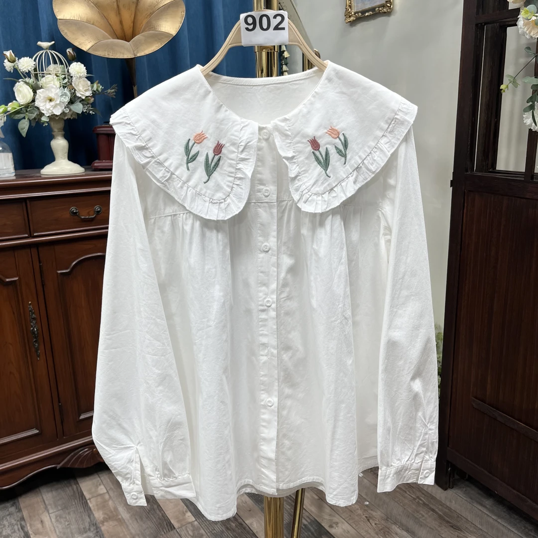 900-999 纯棉衬衫娃娃领上衣春装新款