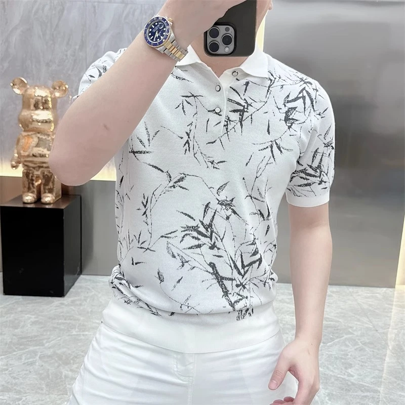 2025欧货轻奢男士针织冰丝短袖T恤印花时尚百搭夏季半袖上衣8069