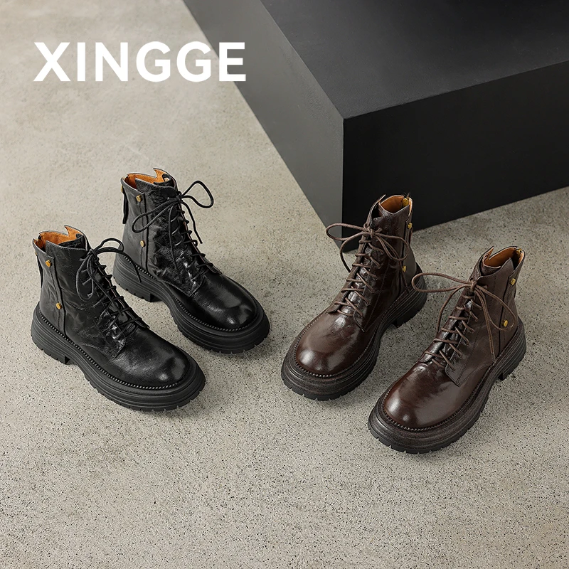 奈斯专属 厚底马丁靴女2025秋冬新款英伦风系带时尚粗跟短靴子