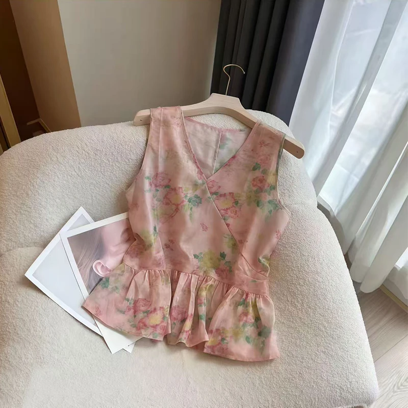 2025夏季法式V领洋气宽松无袖复古时尚百搭休闲气质中国风上衣潮