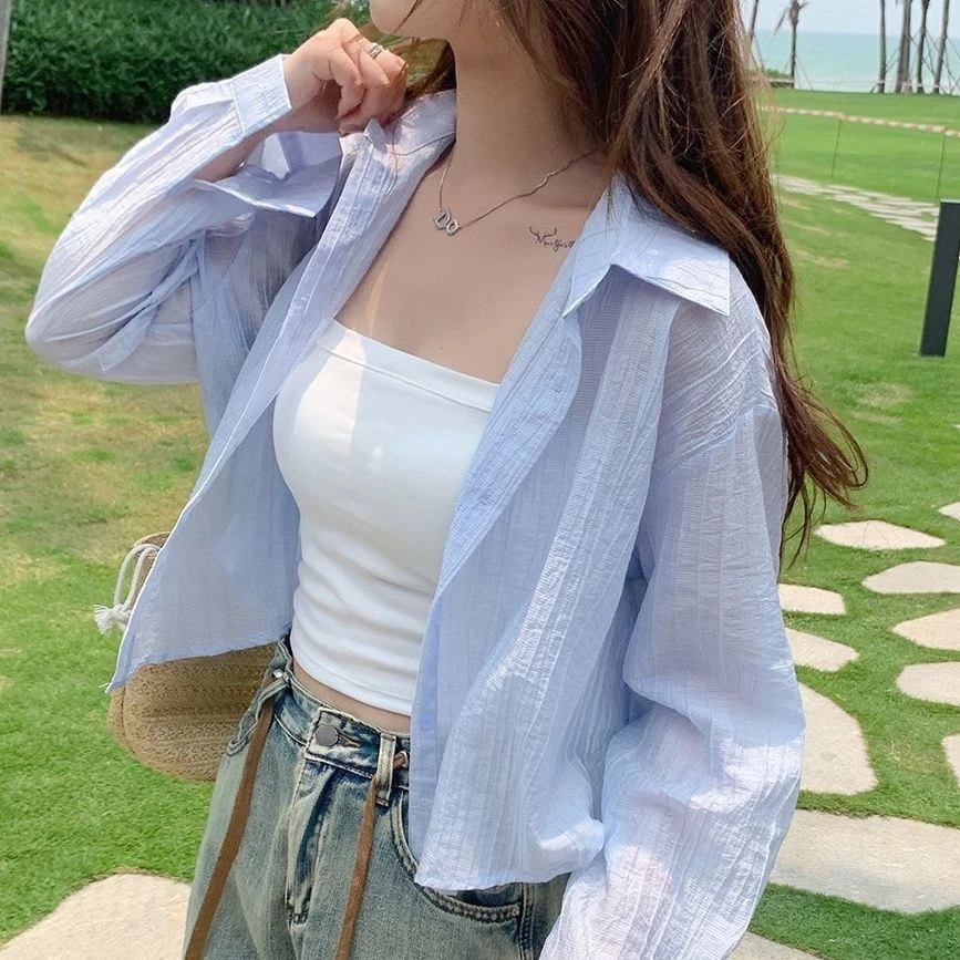 防晒衬衫女设计感小个子短款长袖薄外套夏季宽松百搭白色开衫上衣