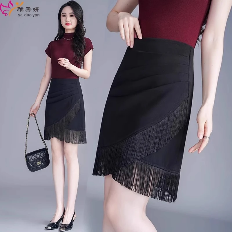 时髦设计感流苏半身裙女夏季短裙2025新款高腰褶皱A字规则包臀裙