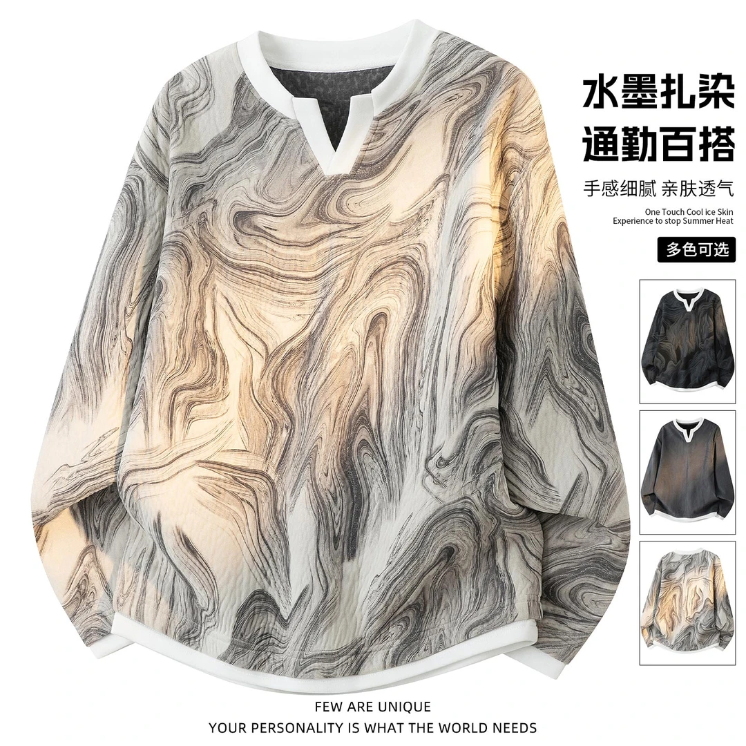 玛斯柏假两件小V领扎染男士大码卫衣秋冬季水墨草花设计感长袖T恤