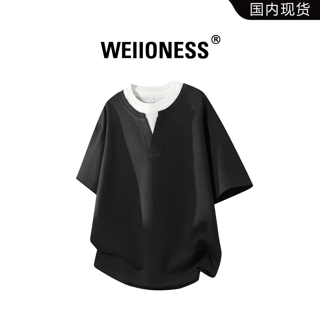 WEIIONESS小众设计双层领短袖T恤男夏季休闲圆领上衣轻奢痞帅男装