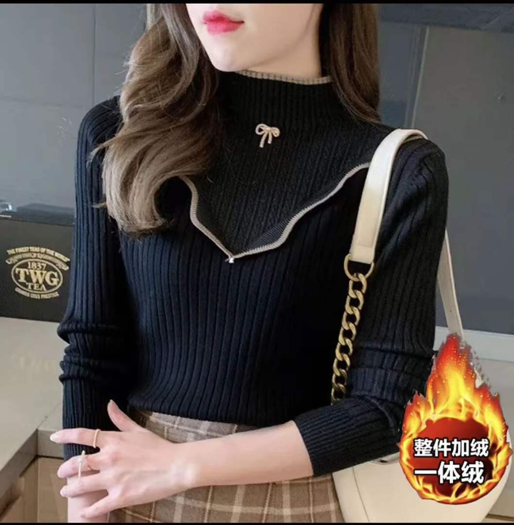 保暖女毛针织衫浅蓝色针织打底衫秋冬加厚上衣洋气