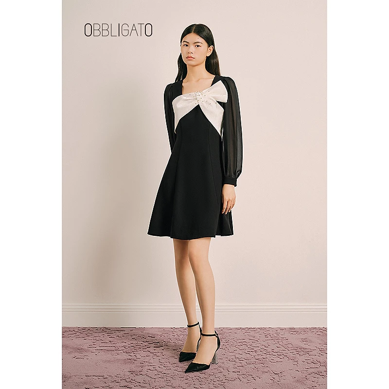OBBLIGATO奥丽嘉朵1C64505180专选秋冬蝴蝶结薄纱连衣裙