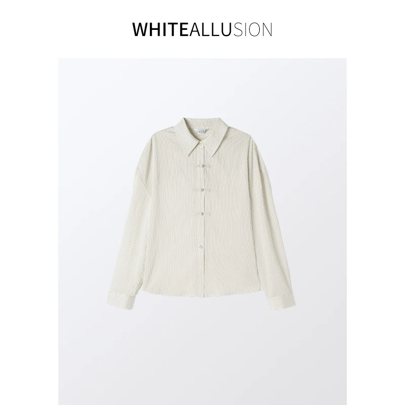年终大促【1707】肌理感国风盘扣衬衫竖条纹翻领长袖上衣