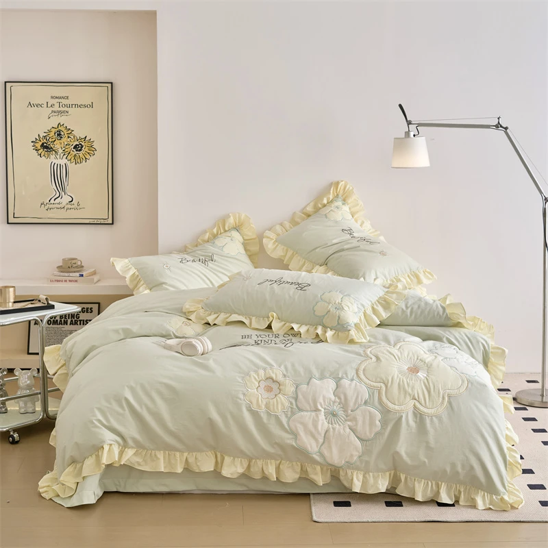 V/雅鹿A类全棉色织水洗棉刺绣四件套花边床单纯棉100棉被套公主风