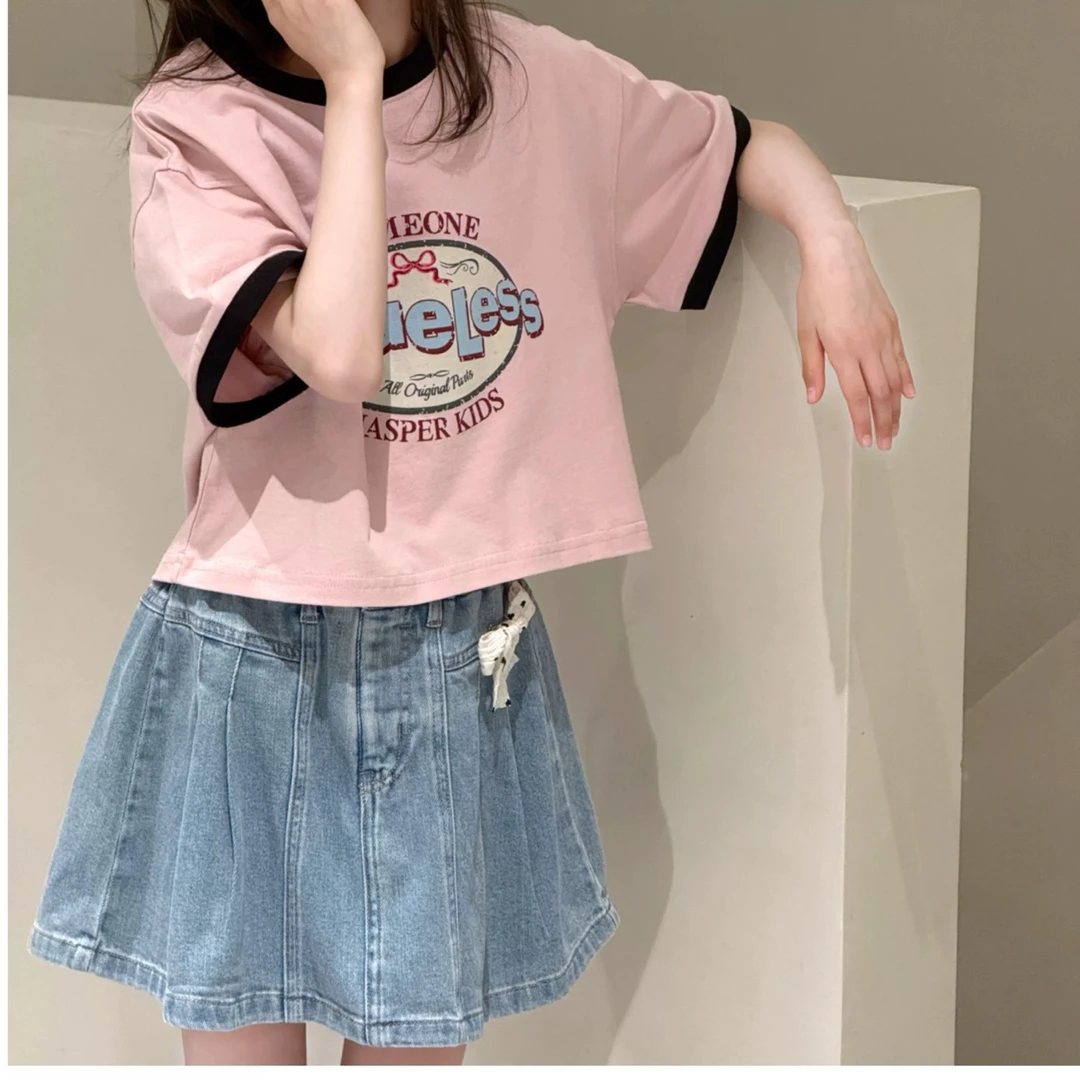 25夏季新品 女童字母短袖蝴蝶涂鸦T恤短款中大童休闲韩版上衣1939