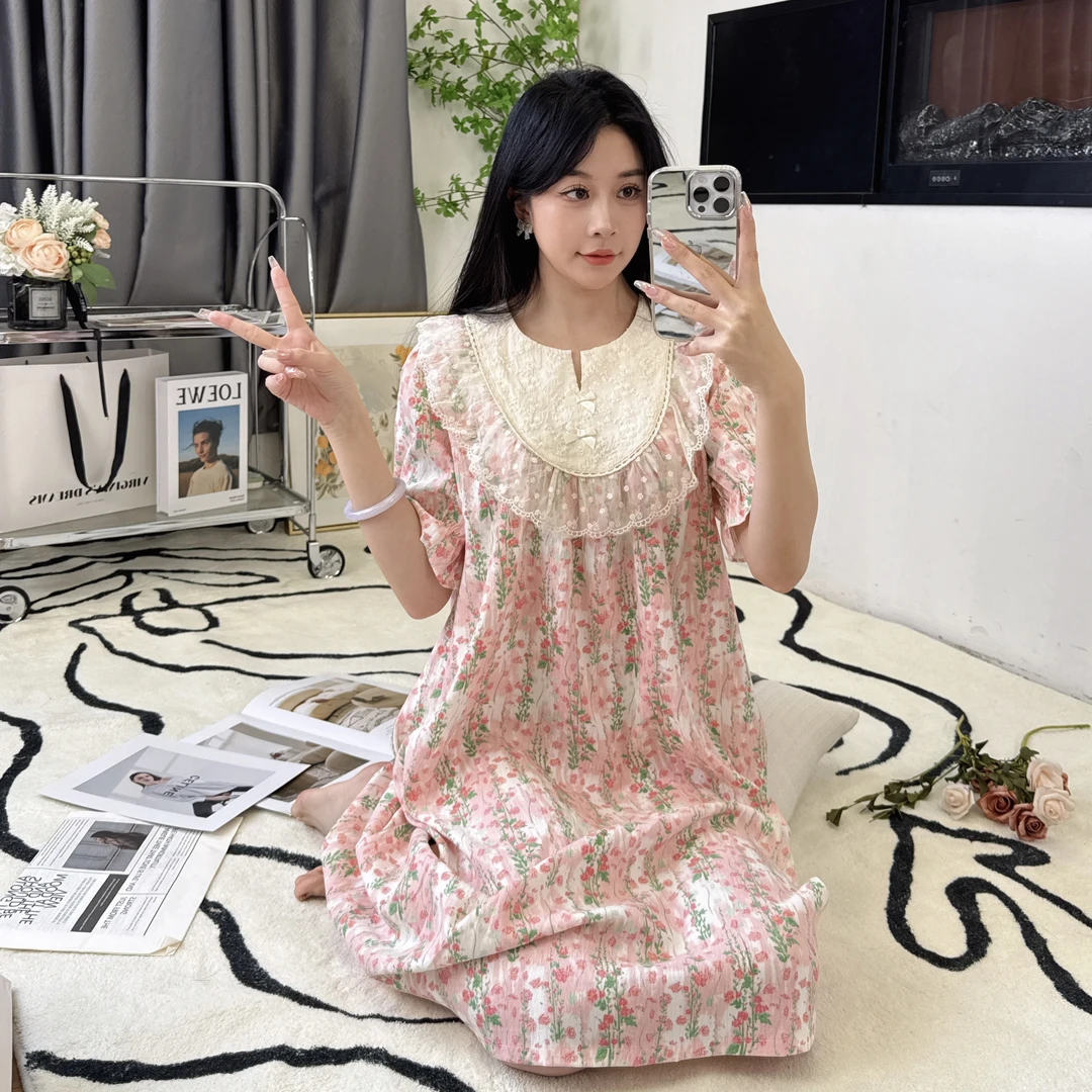夏季2025新款女睡裙爆款宽松大码中长款睡衣韩版碎花家居服可外穿
