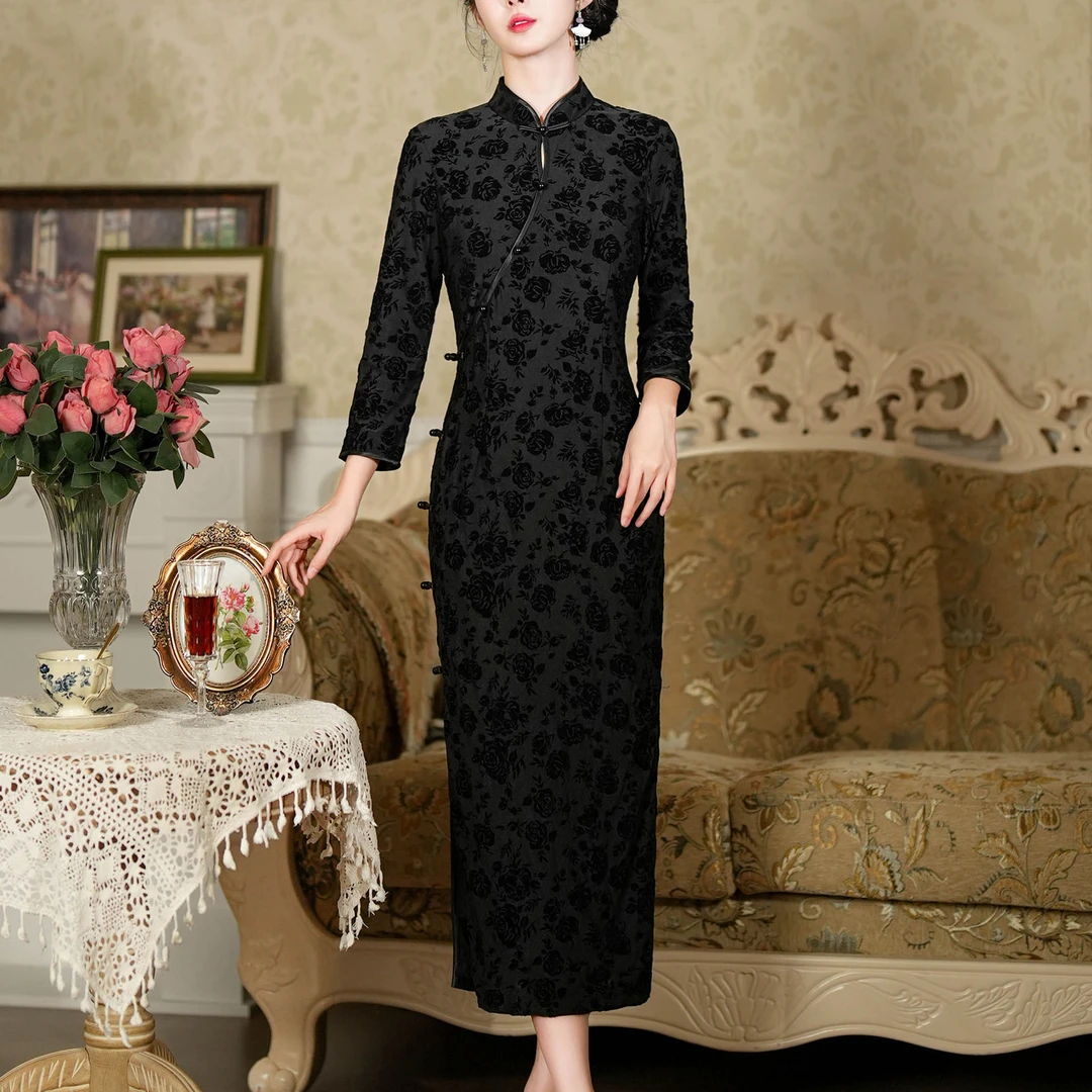 【青未了】2025春款新出炉烂花绒双层植绒气质国风改良旗袍