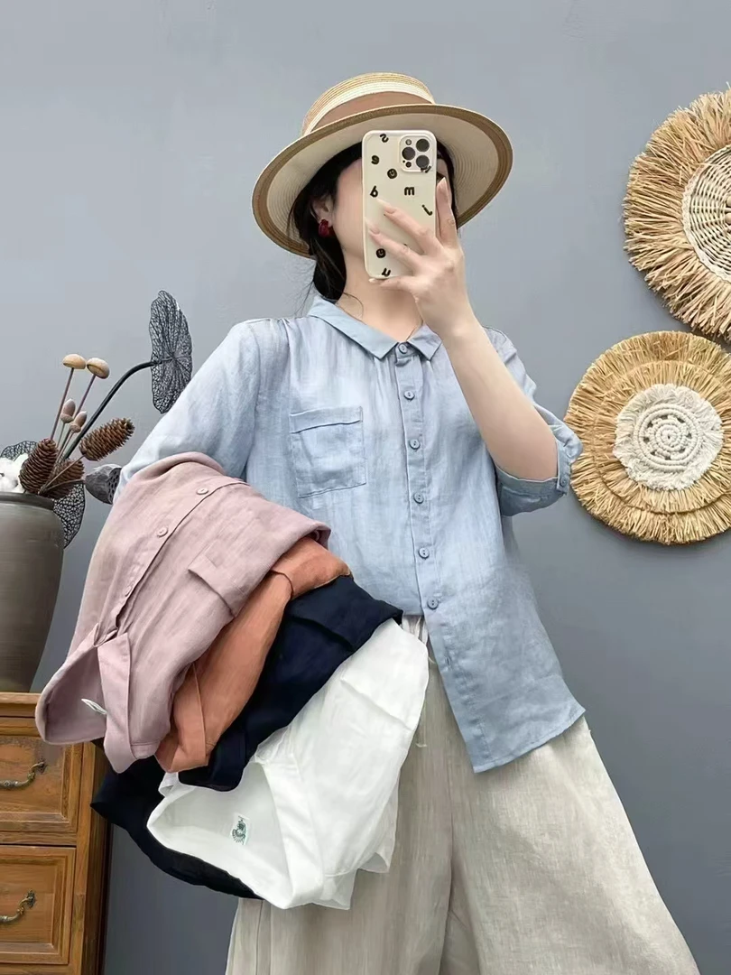 夏季斜纹100%苎麻休闲翻领短袖衬衫女百搭宽松五色可选H-66115