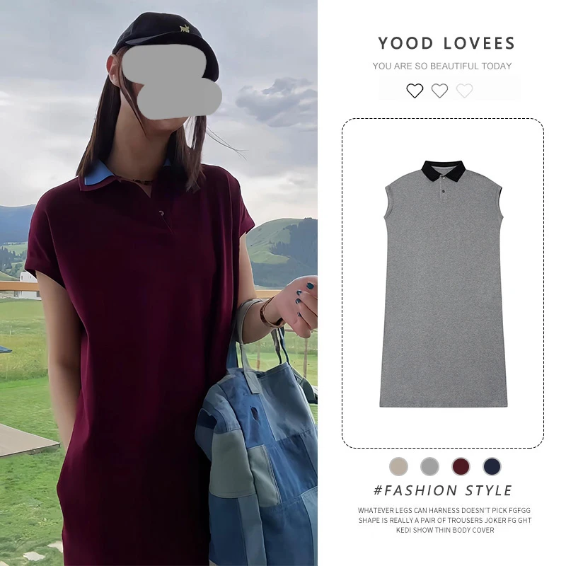 欧货2025新款夏季红色翻领宽松显瘦短袖t恤裙优雅开叉连衣裙穿搭