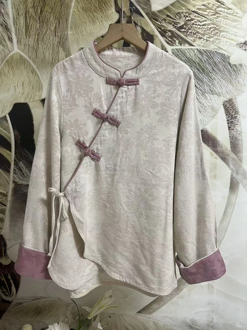提花长袖衬衫茶服上衣中式风格外套对襟立领斜襟
