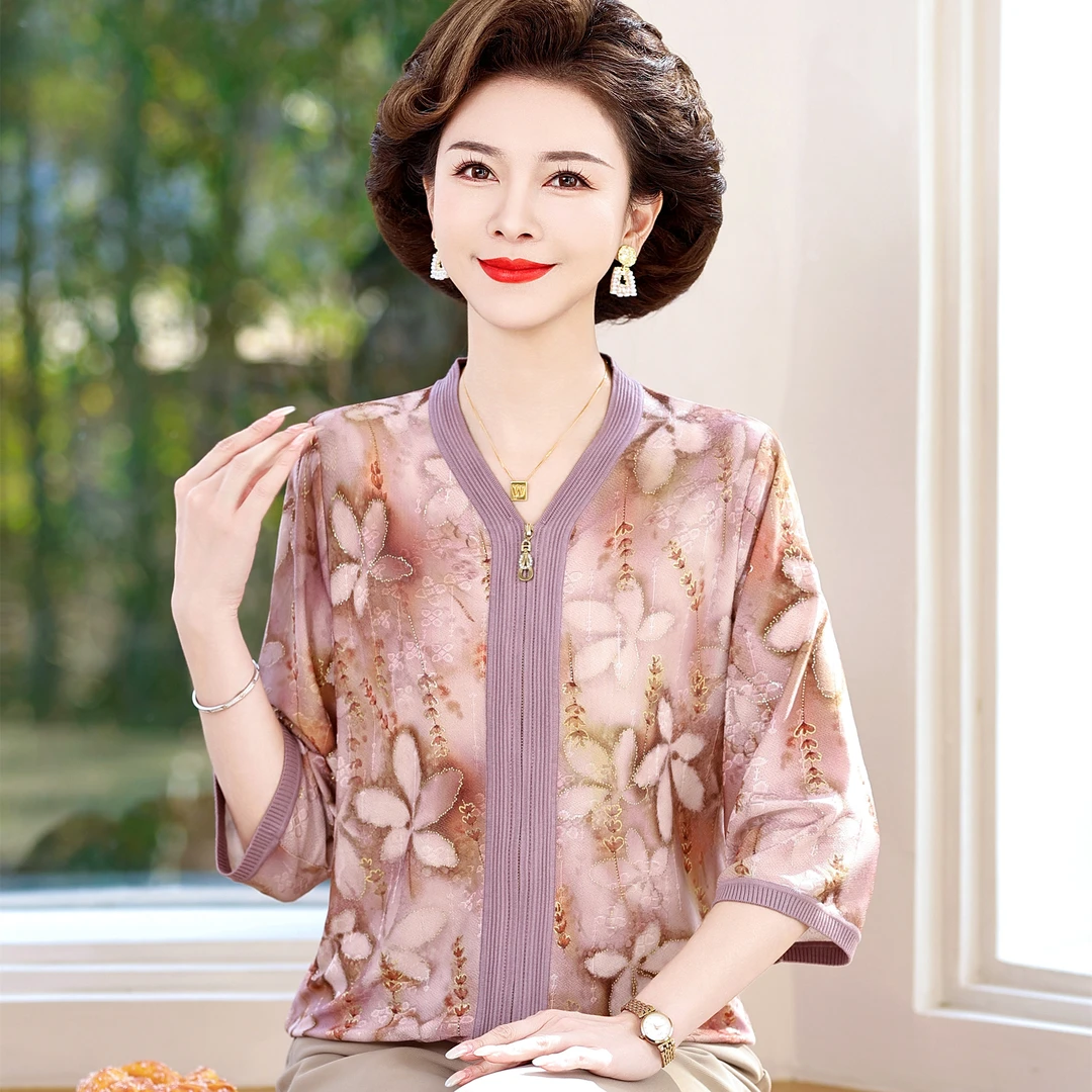 洋气妈妈装春装中老年人衣服薄款拉链开衫针织打底衫七分袖外套女