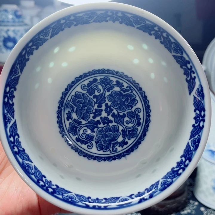青花玲珑5寸饭碗牡丹花
