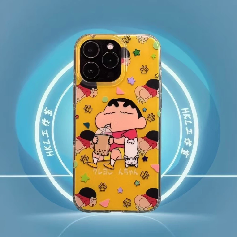 HKL蜡笔小新奶茶控新款卡通趣味ins手机壳苹果16AI键15/14/13可爱