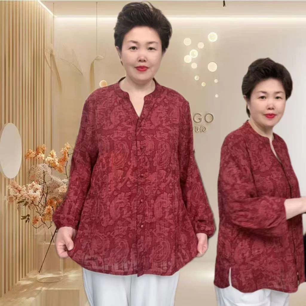 中老年大码长袖时尚宽松气质立领衬衫夏季休闲复古网红女士开衫