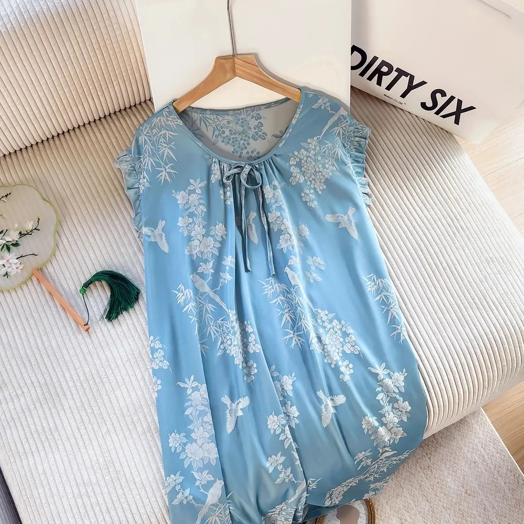 达芬奇密码蓝色花鸟小飞袖睡裙女款爆款2025新款性感睡衣女款夏季