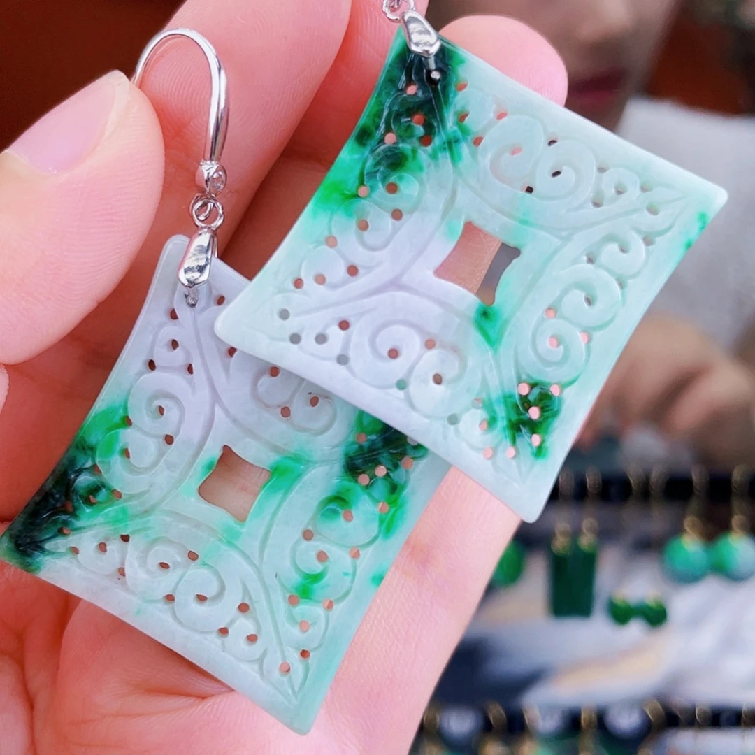 翡翠银S925镀金镶嵌耳饰