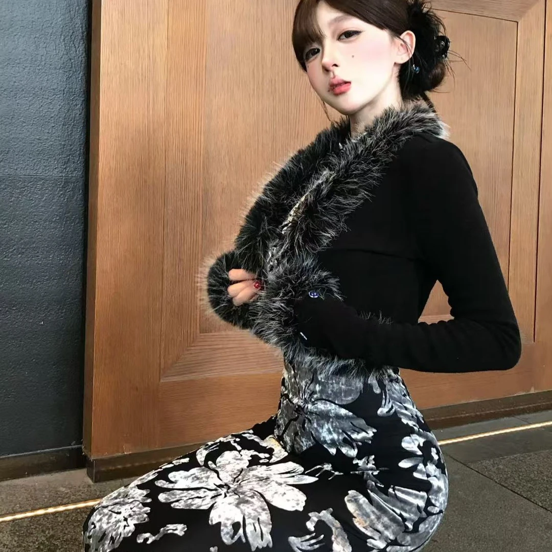 小莹【墨绒花叙】秋季显瘦遮肉高级印花大毛领旗袍套装LXYYN52963
