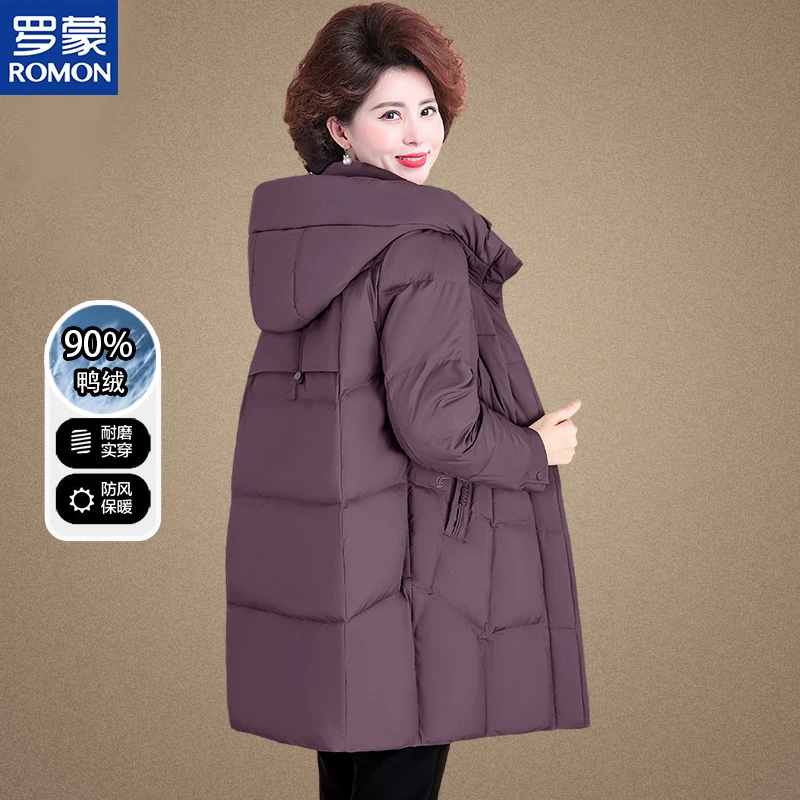 罗蒙品牌冬季妈妈装中长款保暖外套中年加厚羽绒服中老年女装上衣