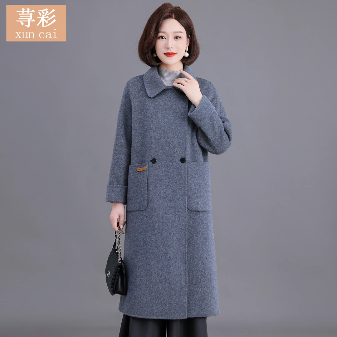 100%纯羊毛秋冬双面羊毛大衣中长款女中年妈妈气质插肩袖毛呢外套
