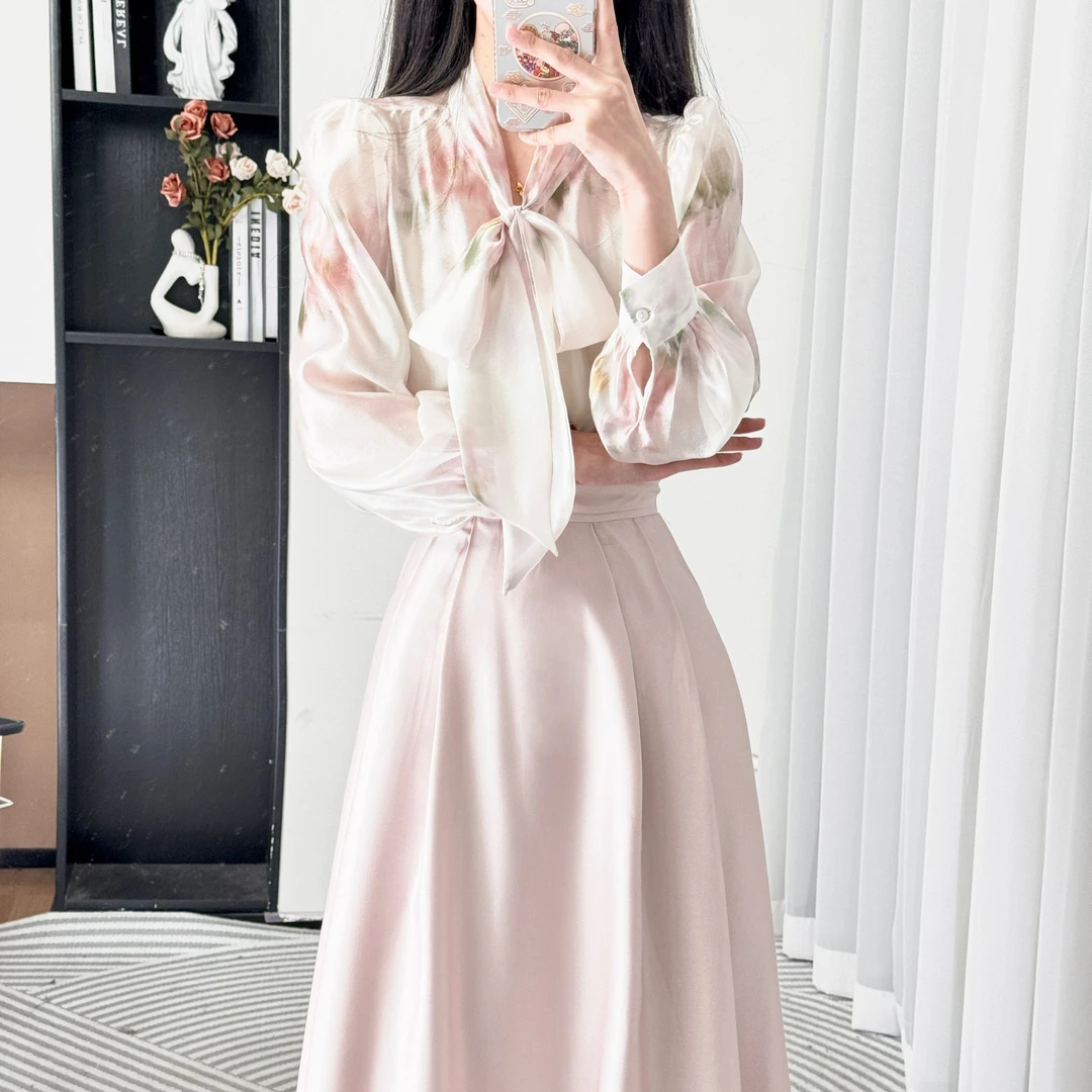 拉夏贝尔/25秋温柔印花设计显瘦仙气法式衬衫+半身裙 10325 LHD