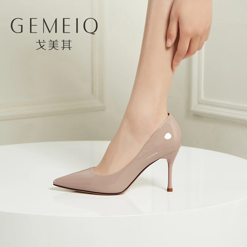 法式气质百搭裸色漆皮小个子不累脚高跟鞋戈美其单鞋上班工作鞋女