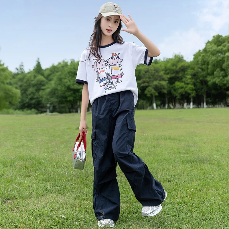 女童夏装套装2025新款洋气儿童短袖T恤大童工装裤运动两件套女孩