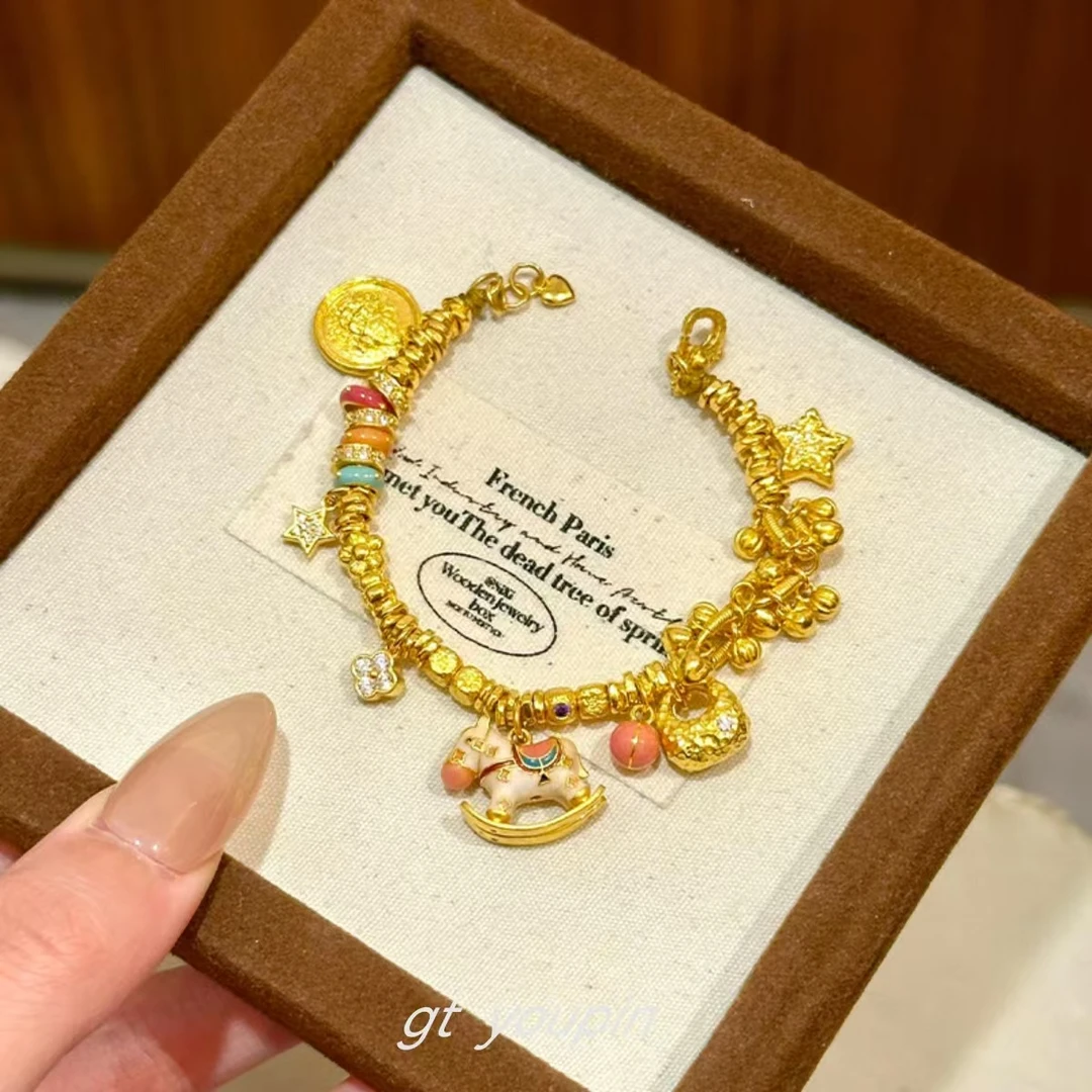 铜合金手链 木马多宝盘缠手链女款财神钱串子轻奢手饰复古金色