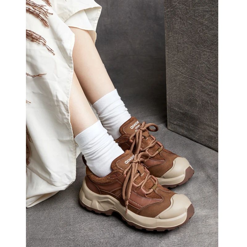 2025年秋季新款圆头英伦风真皮拼接系带时尚中跟休闲单鞋厚底百搭