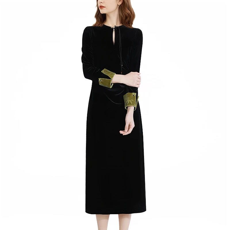 【炳瀚】新中式国风盘扣长袖连衣裙25冬赫本风长裙BH425WZL16592