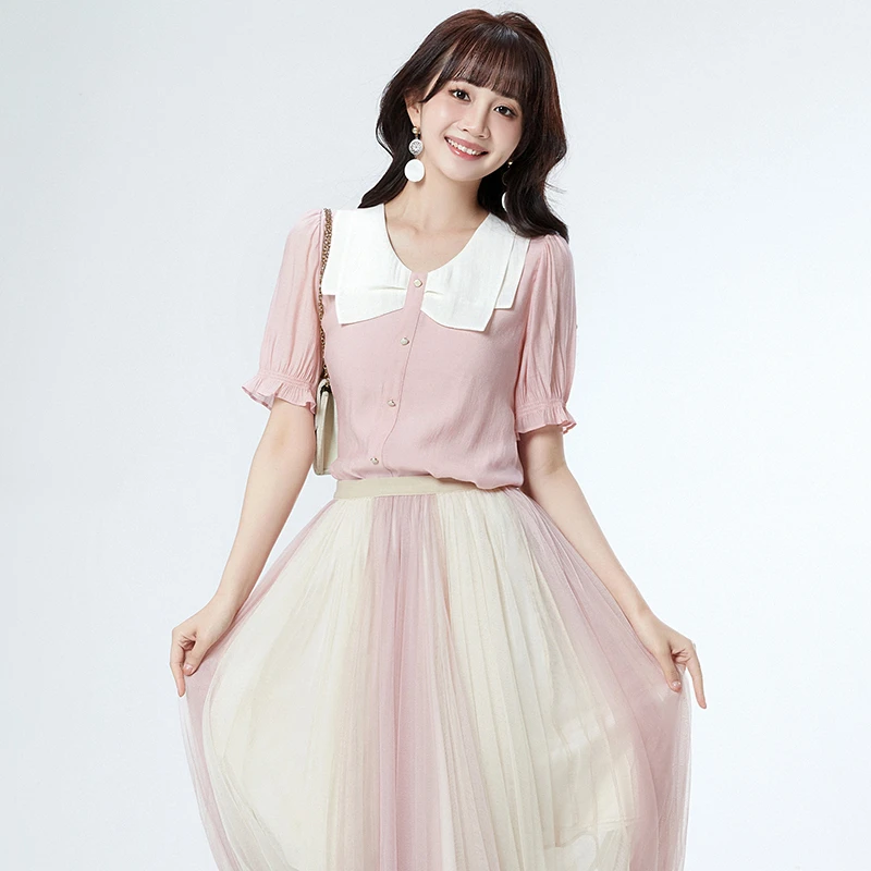 甜美减龄上衣一粒扣五分袖衬衫女2025夏52FI0D0002
