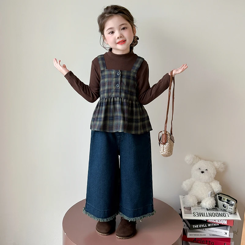 韩版女童秋季套装2025新款儿童洋气女宝宝格纹吊带牛仔裤三件套潮