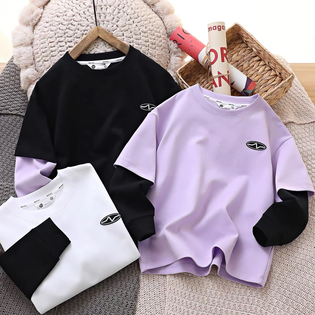 【层次感穿搭】春秋季儿童刺绣小标中大童假两件休闲长袖T恤 S09