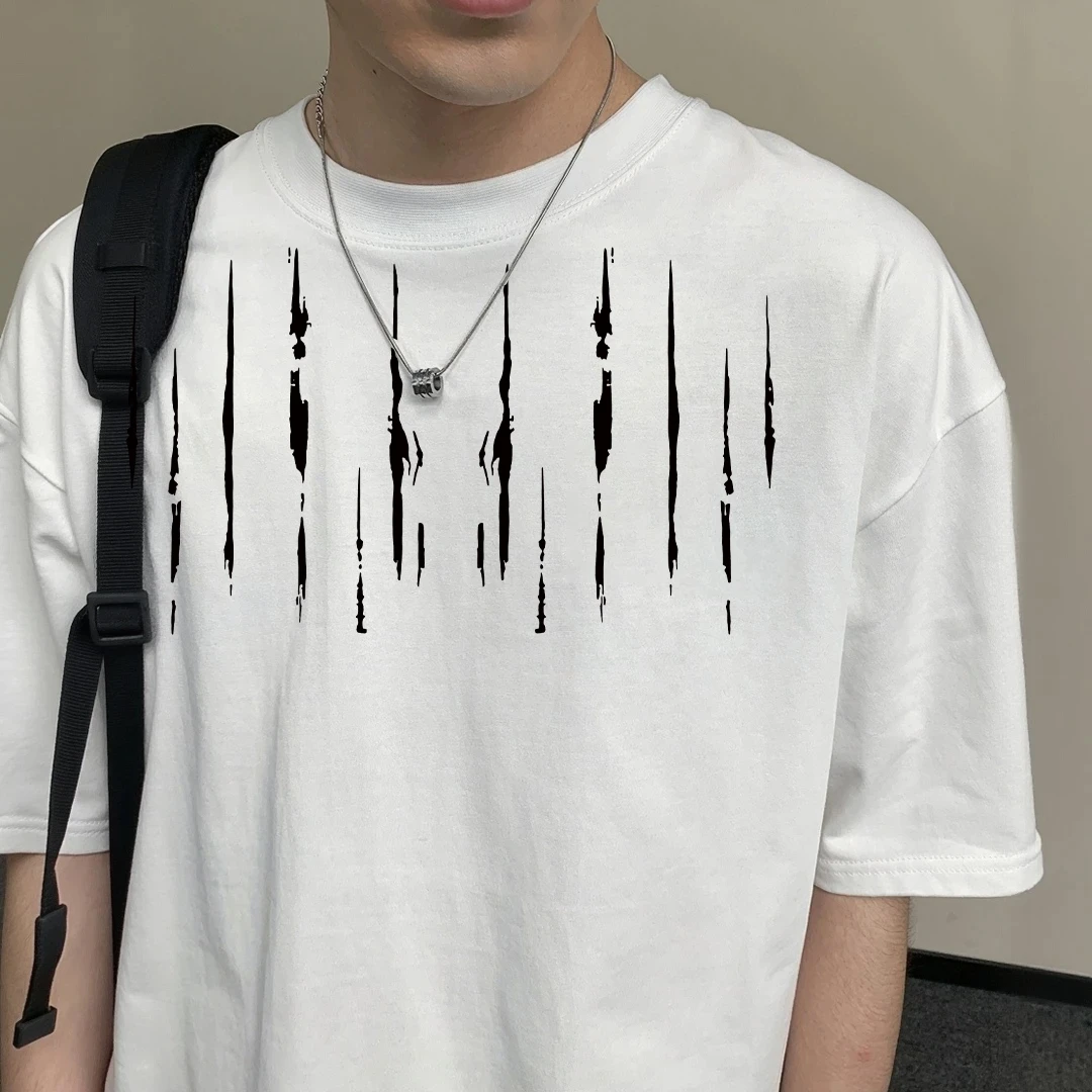 男短袖T恤新款美式潮流条纹印花休闲百搭痞帅个性小众重磅纯棉T恤