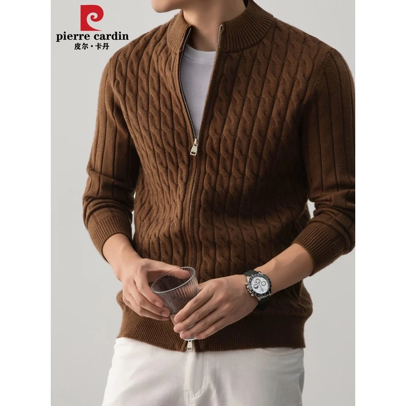 皮尔卡丹正品新款羊毛开衫冬季新款毛衣加厚男针织外套立领拉链