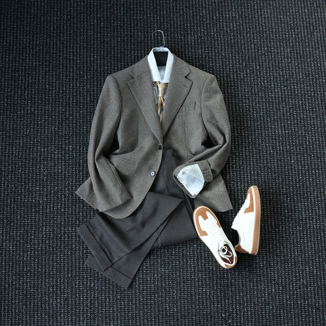 CssuGent秋冬季羊毛混纺单排扣西服男绅装老钱复古雅痞平驳领西装