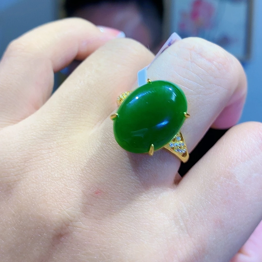 和田玉（碧玉）戒指银S925镀金镶嵌